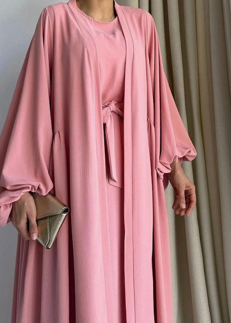 2-piece long kimono set pink